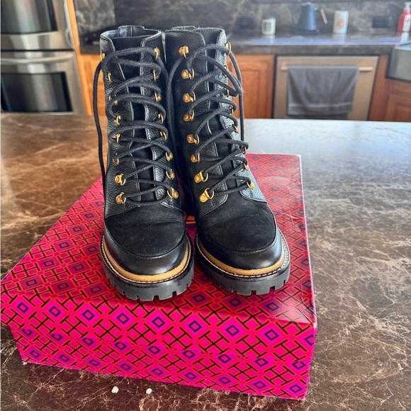 Tory Burch brand Black and Gold Heeled Boots with Chunky Heel - Picture 11 of 11